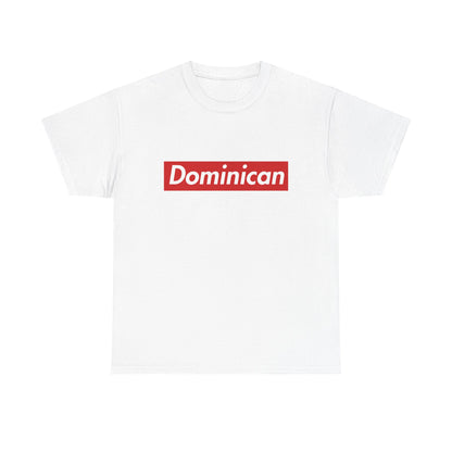 White T-shirt with a red rectangular Dominican wordmark in white italic lettering