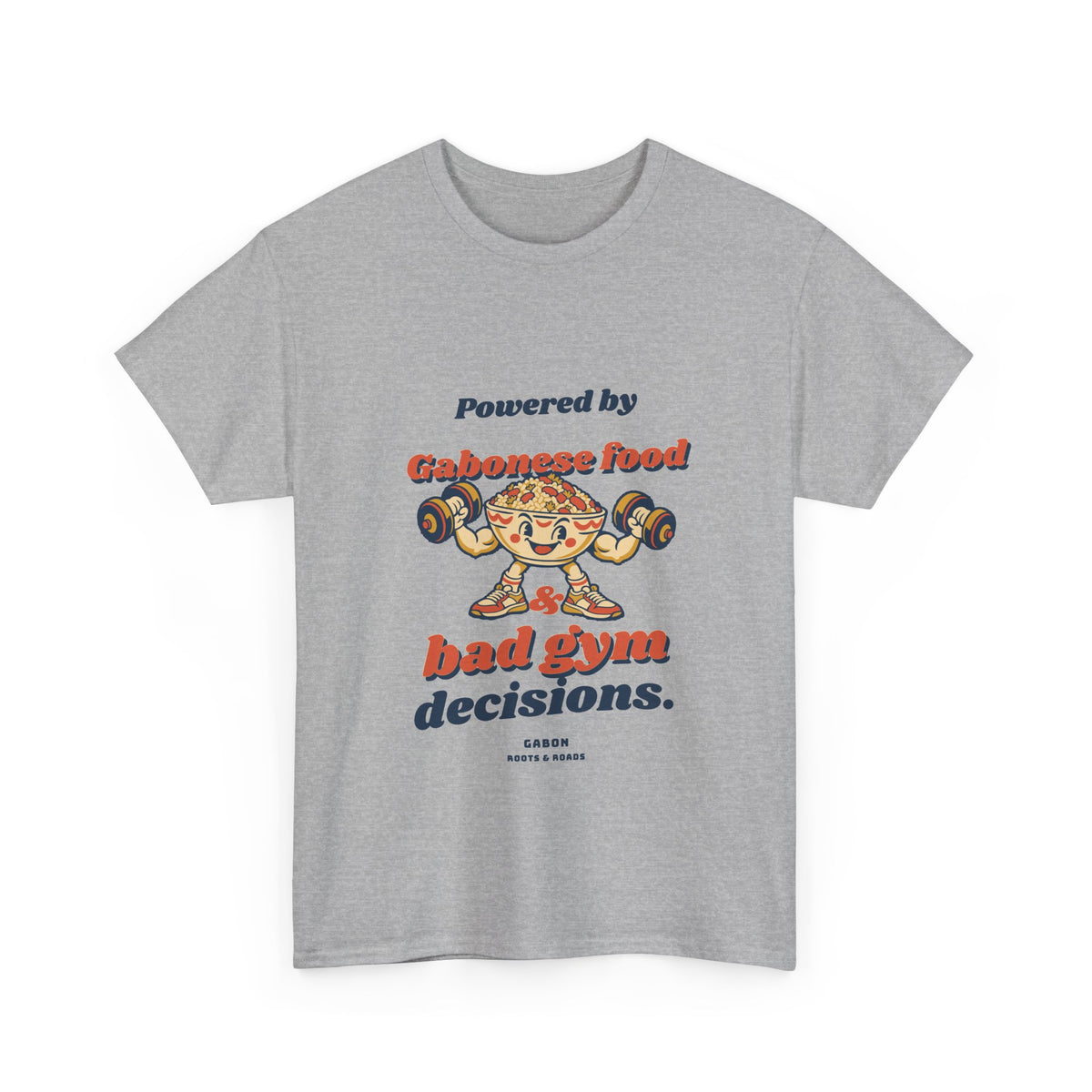 Gabon Bad Gym Decisions T-Shirt in Sport Grey — front retro Gabonese food lettering and a playful food character lifting weights.