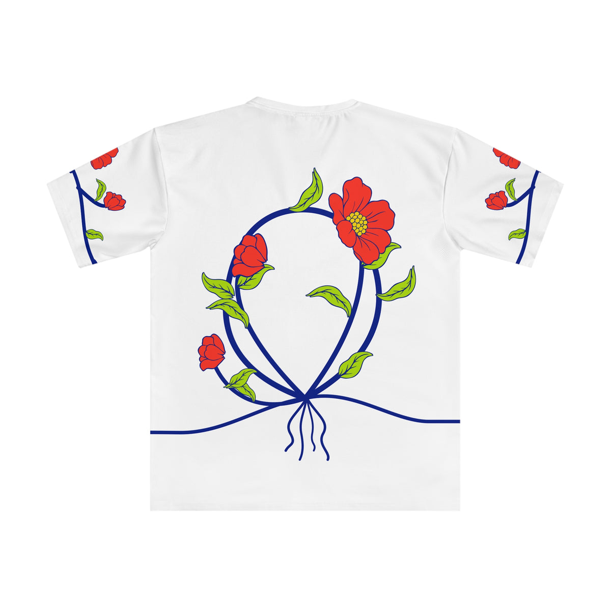 Back of the Roots & Roads “I left home, but home never left me” T-shirt with returning cobalt stems, coral flowers, buds, lime leaves and roots.