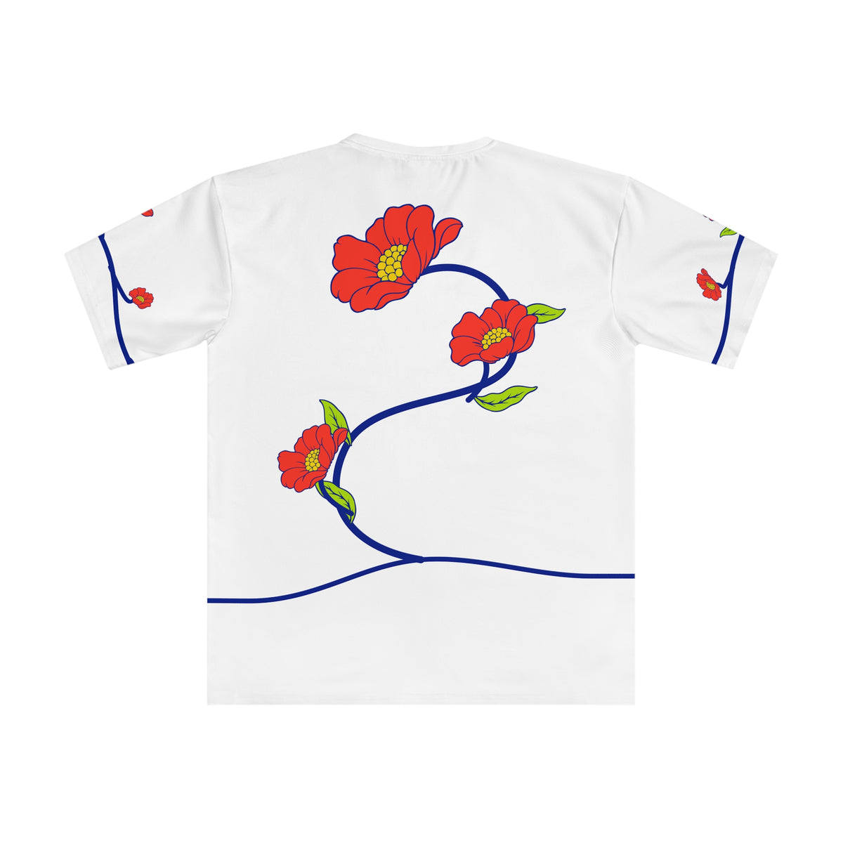 Back of the Roots & Roads “I speak English but I love K~dramas” T-shirt with coordinated coral flowers and lime leaves on cobalt stems.