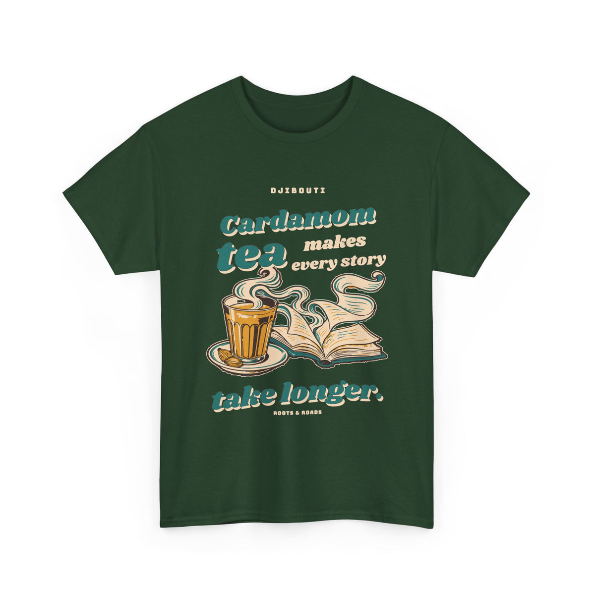 Forest Green Djibouti Cardamom Tea Stories T-Shirt with expressive retro lettering, spiced tea and an unfurling book