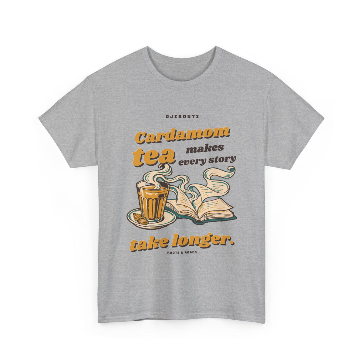 Sport Grey Djibouti Cardamom Tea Stories T-Shirt with expressive retro lettering, spiced tea and an unfurling book