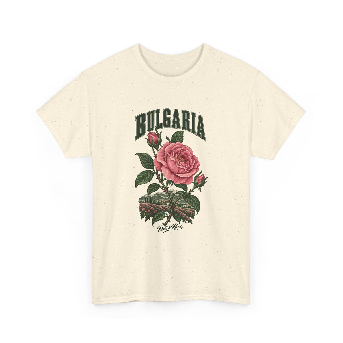 Front view of a Natural Gildan 5000 T-shirt with green BULGARIA lettering, a pink rose and buds above rose fields and hills, and Roots & Roads script.