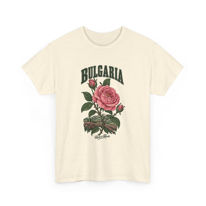 Front view of a Natural Gildan 5000 T-shirt with green BULGARIA lettering, a pink rose and buds above rose fields and hills, and Roots & Roads script.