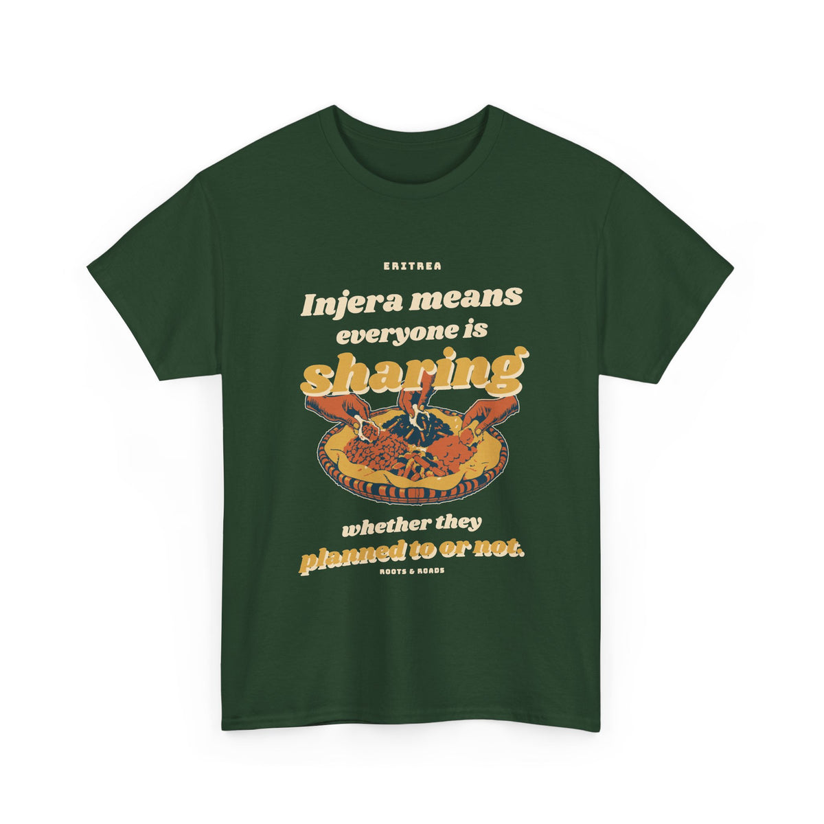 Eritrea Injera Sharing T-Shirt in Forest Green with bold retro lettering and hands sharing an injera platter, front view
