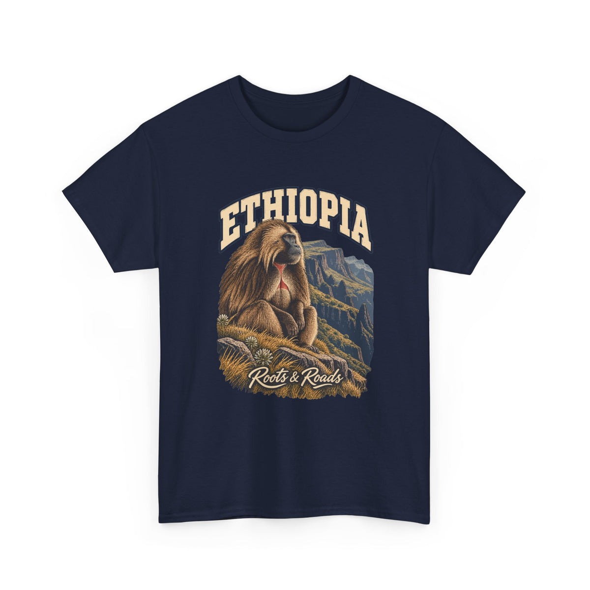 Front view of a Navy Gildan 5000 T-shirt with cream ETHIOPIA lettering above a shaggy gelada, grasses and steep mountain escarpments, finished with Roots & Roads script.