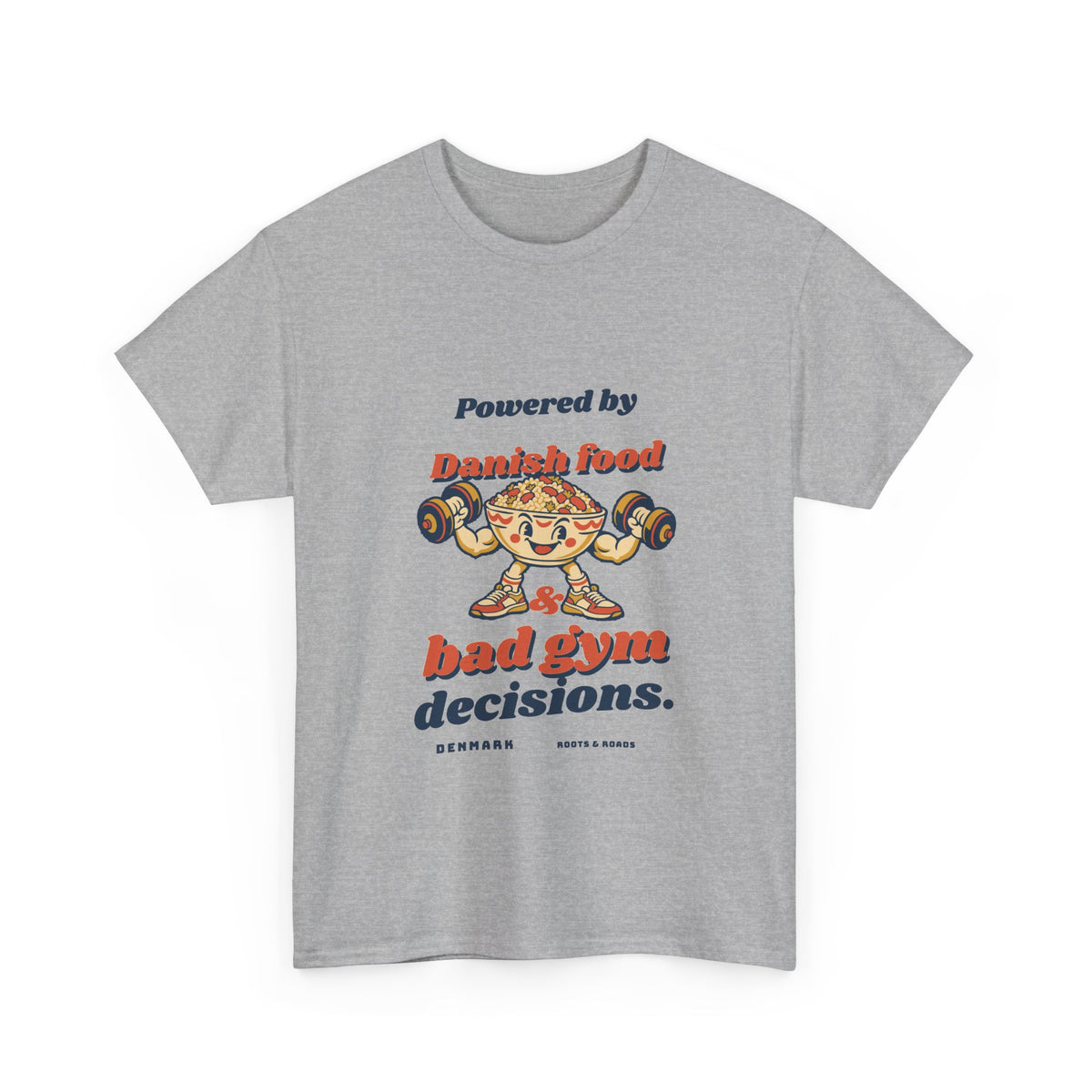 Sport Grey Denmark Bad Gym Decisions T-Shirt with rounded vintage lettering and a food-bowl weightlifter
