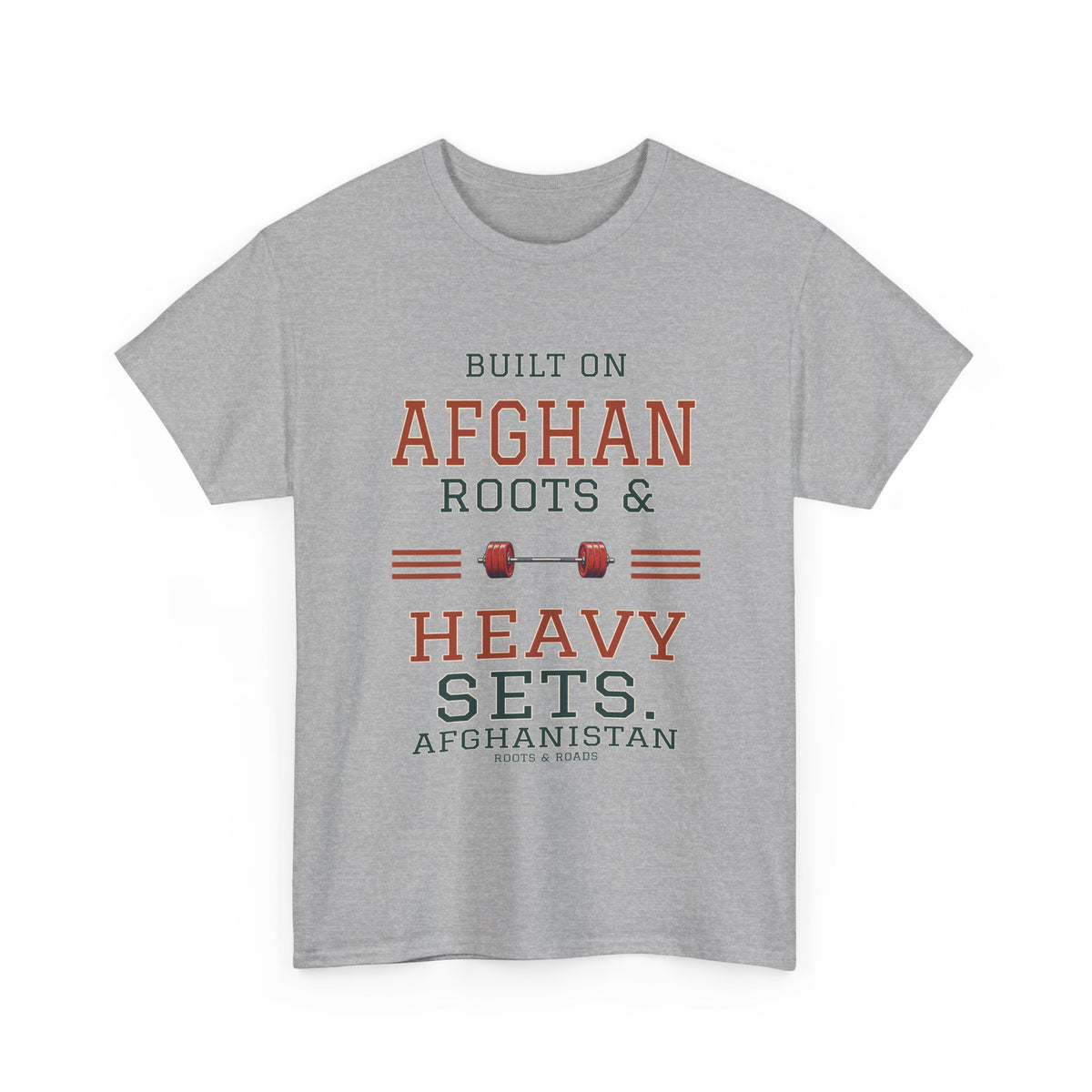 Sport Grey Afghanistan Heavy Sets Gym T-Shirt, front DTG design reading Built on Afghan roots & heavy sets, with barbell and Afghanistan identifier.