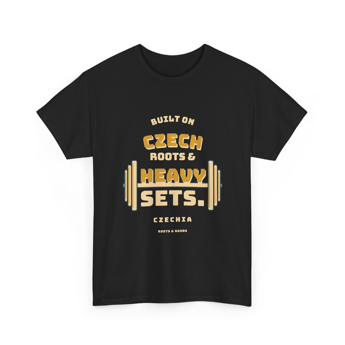 Czechia Heavy Sets Gym T-Shirt in Black, with layered vintage Czech strength lettering and weight plates by Roots & Roads.