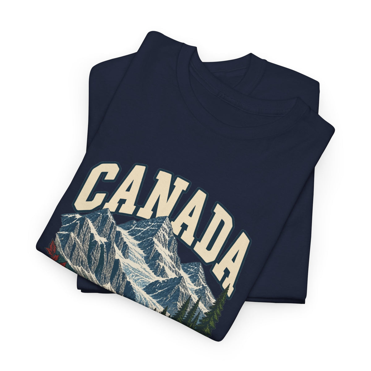 Folded Navy Canada Fresh Prints T-shirt showing cream CANADA lettering and snow-lined mountain peaks.