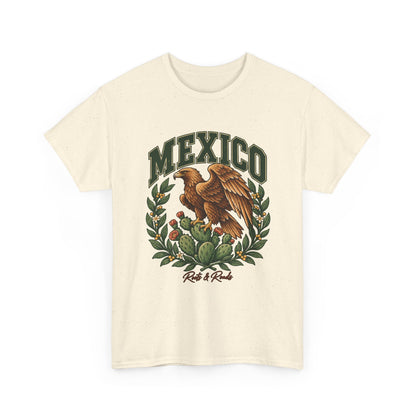 Front view of the Mexico Fresh Prints T-shirt in Natural, with arched green lettering, a golden eagle, prickly-pear cactus and Roots & Roads signature.