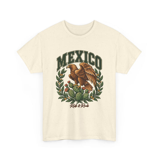 Front view of the Mexico Fresh Prints T-shirt in Natural, with arched green lettering, a golden eagle, prickly-pear cactus and Roots & Roads signature.