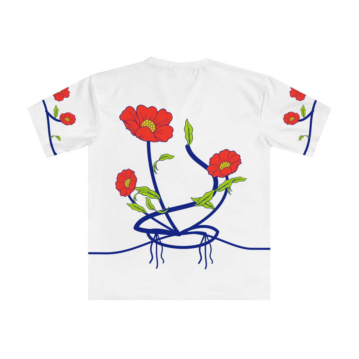 Back of the Roots & Roads “Thirst for home even when we build a new one.” T-shirt with three coral flowers on sweeping cobalt stems, lime leaves, a looping base and two root groups.