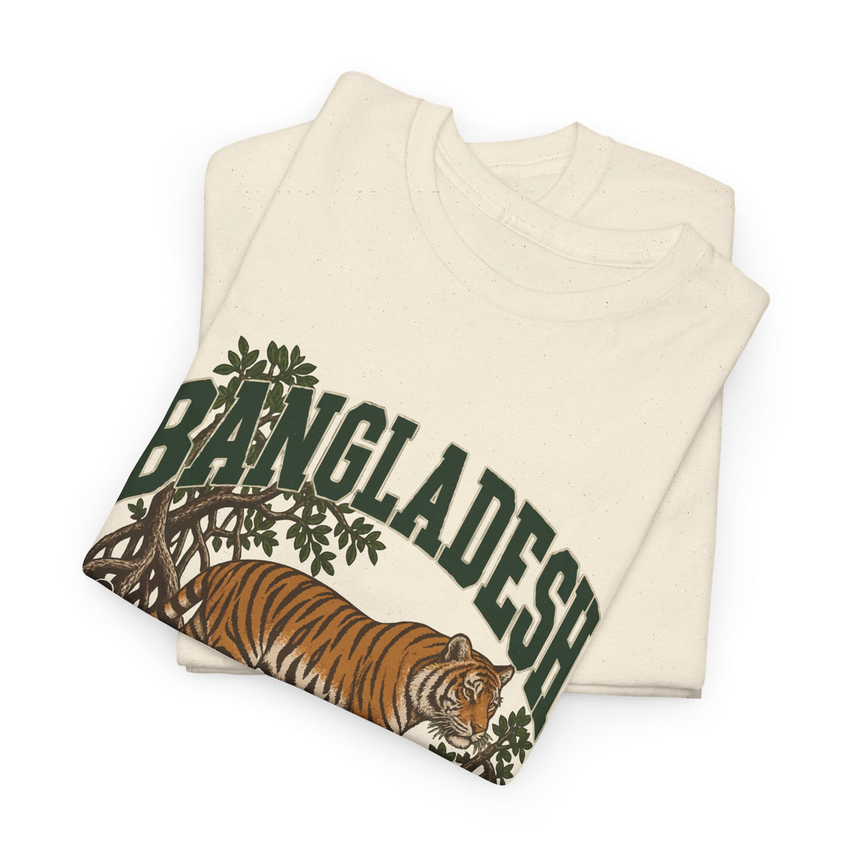 Folded Natural Bangladesh Fresh Prints T-shirt showing the collegiate country lettering and vintage country illustration.