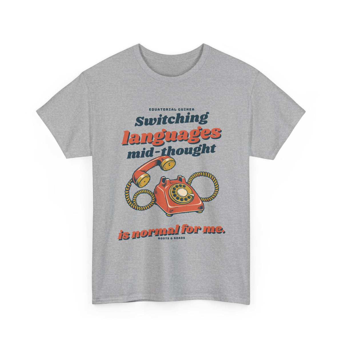 Equatorial Guinea Switching Languages T-Shirt — Sport Grey — front retro telephone artwork by Roots & Roads