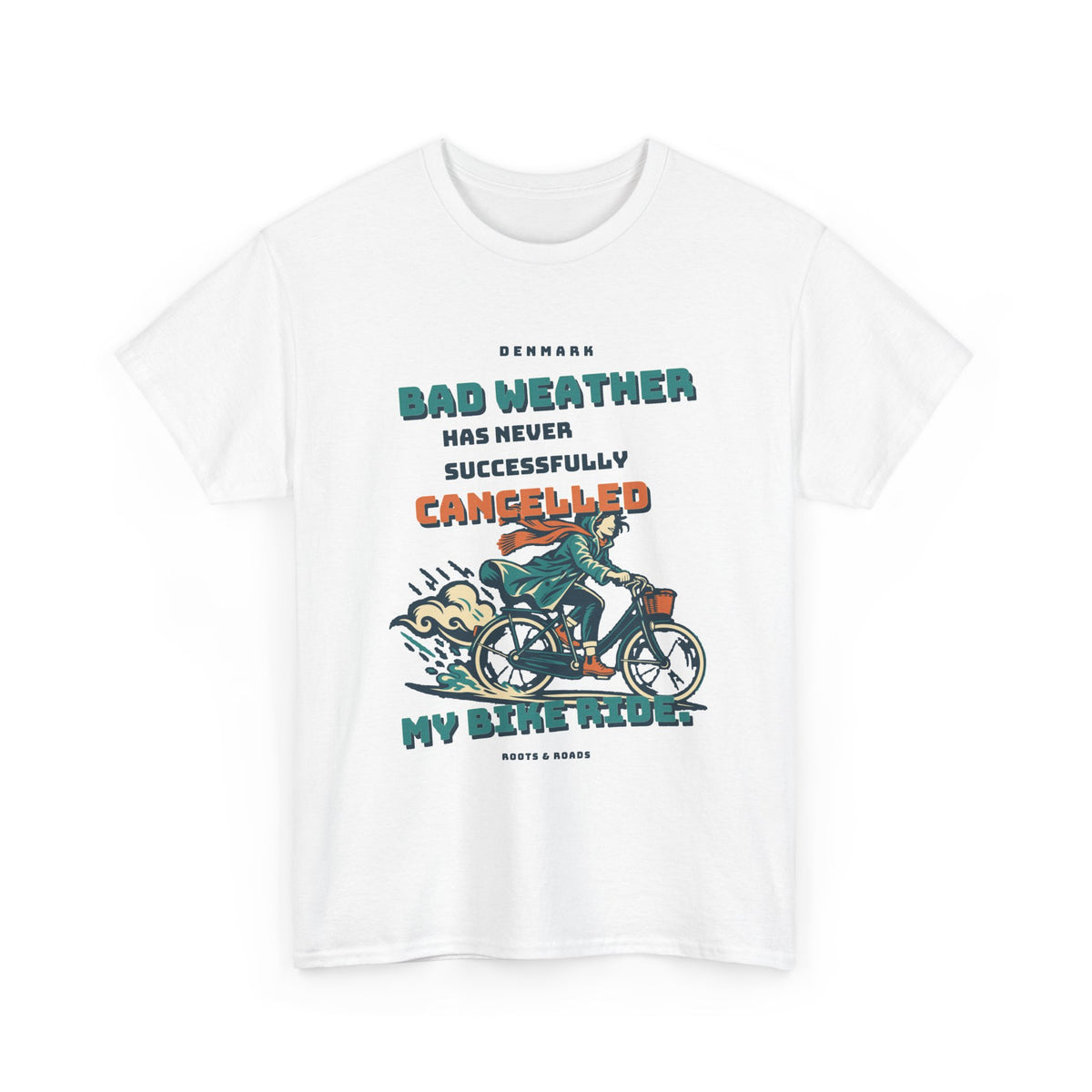 Denmark All-Weather Bike Ride T-Shirt in White, with bold retro lettering and a raincoat-clad cyclist by Roots & Roads.
