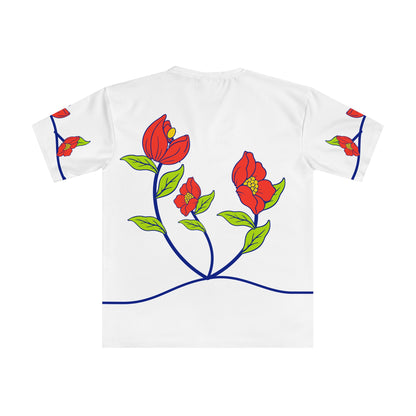 Back of the Tagalog botanical T-shirt with coral flowers, lime leaves and flowing cobalt stems