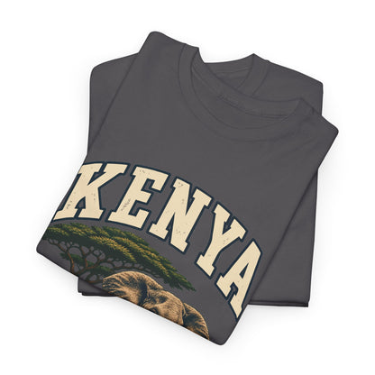 Folded Charcoal Kenya Fresh Prints T-shirt showing the country lettering and part of the illustration.