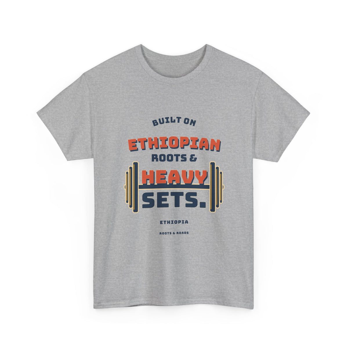 Sport Grey Ethiopia Heavy Sets Gym T-Shirt with vintage Ethiopian roots lettering and integrated weight plates, front view.
