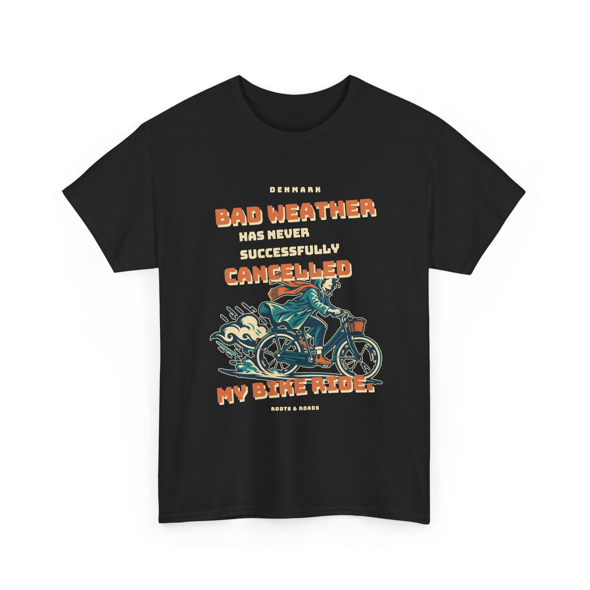 Denmark All-Weather Bike Ride T-Shirt in Black, with bold retro lettering and a raincoat-clad cyclist by Roots & Roads.