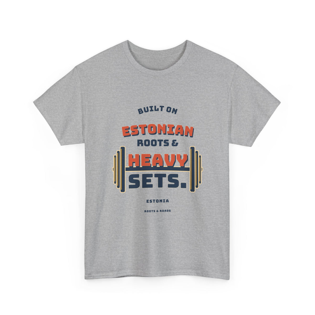 Estonia Heavy Sets Gym T-Shirt in Sport Grey — front view with vintage Estonian roots and heavy sets barbell artwork.
