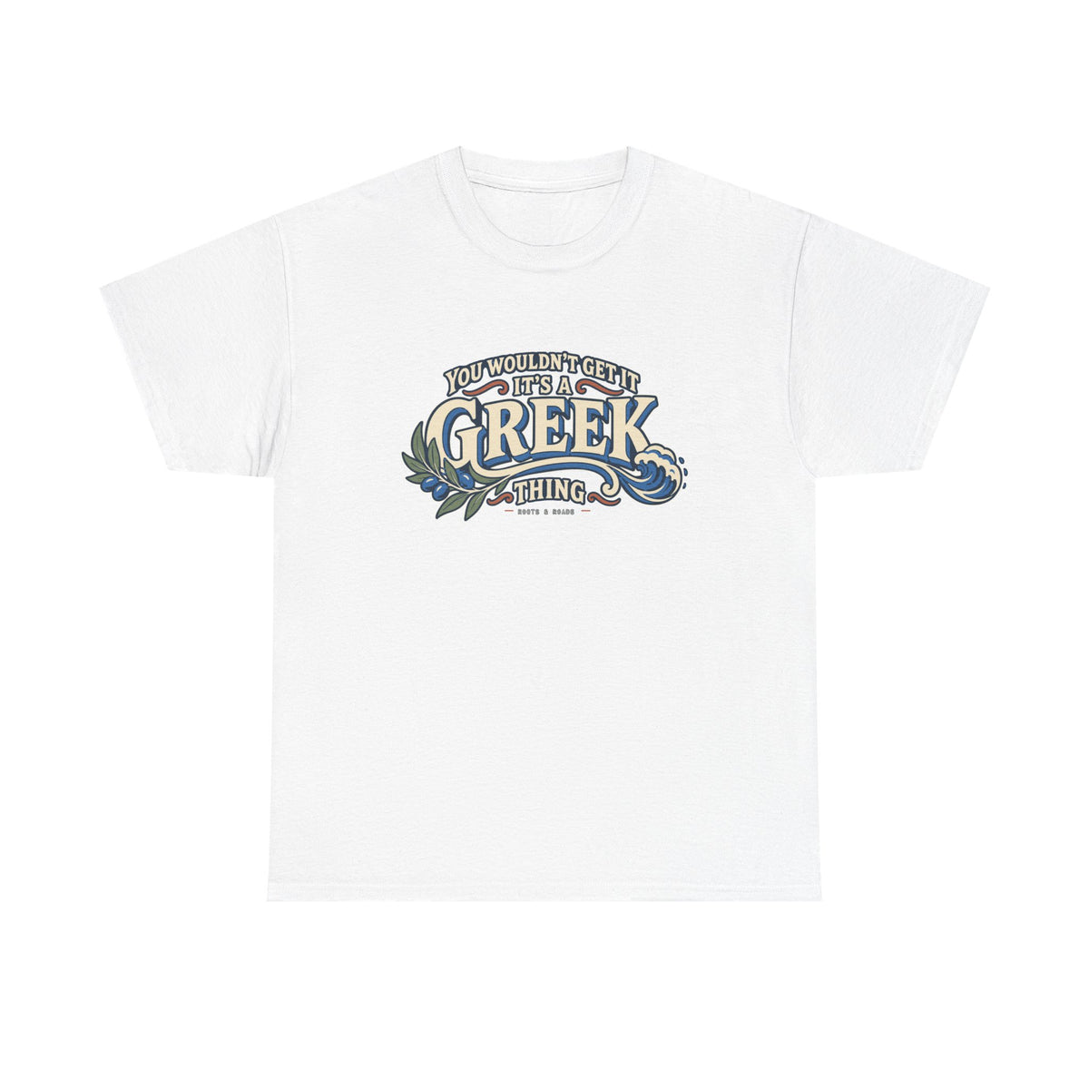White Greece Greek Thing T-shirt, flat front view, with oversized vintage lettering, an olive branch and curling wave.