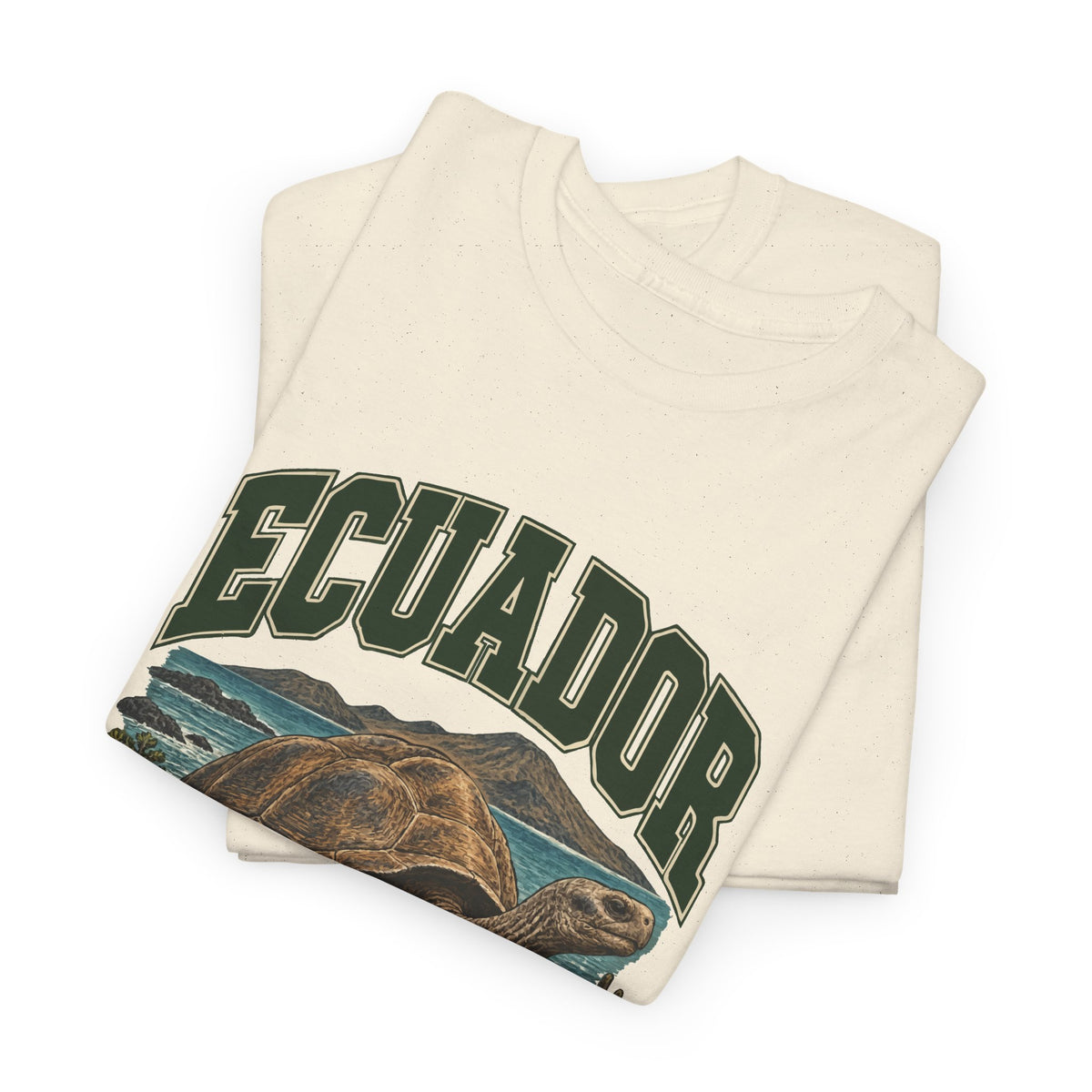 Folded Natural Ecuador Fresh Prints T-shirt showing green ECUADOR lettering and the upper part of its country illustration.