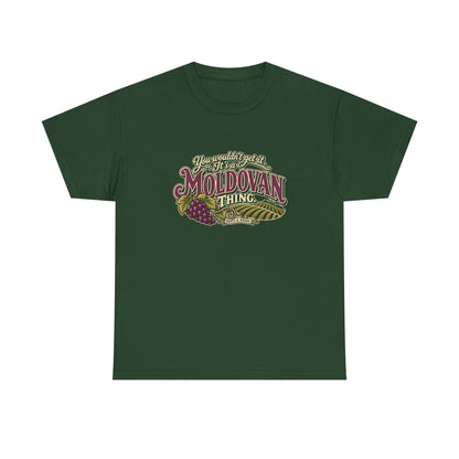 Moldova Moldovan Thing T-shirt in Forest Green, flat front view with burgundy Moldovan lettering, cream script, grapes and vineyard rows. Roots & Roads.