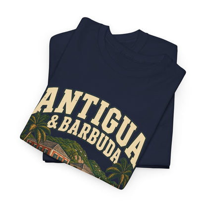 Folded Navy Antigua & Barbuda Fresh Prints T-shirt showing cream country lettering and details of palms, green hills, and waterfront buildings.