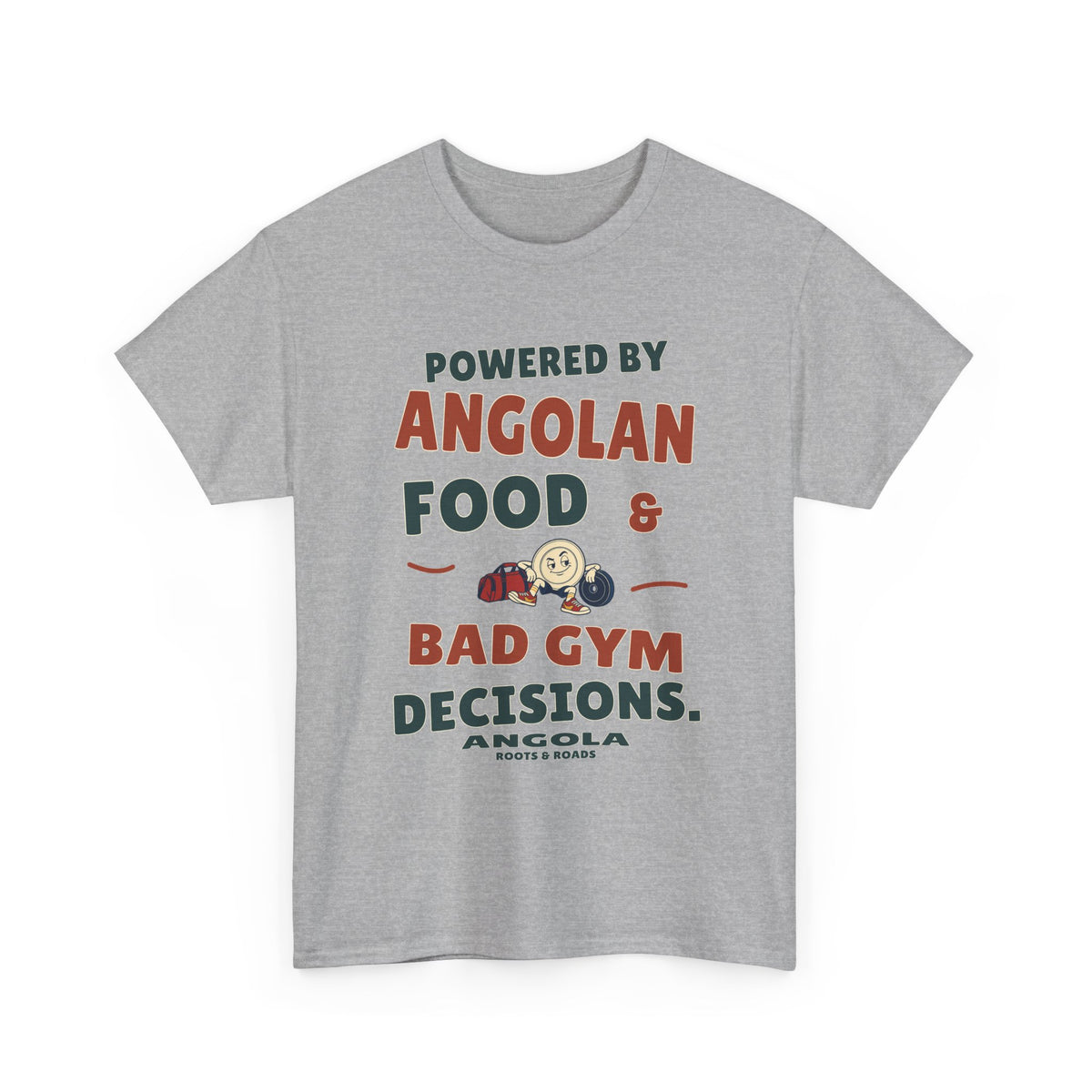 Sport Grey Angola gym T-shirt with front retro lettering reading “Powered by Angolan food & bad gym decisions.”, a cheerful plate and gym bag illustration, ANGOLA and Roots & Roads.