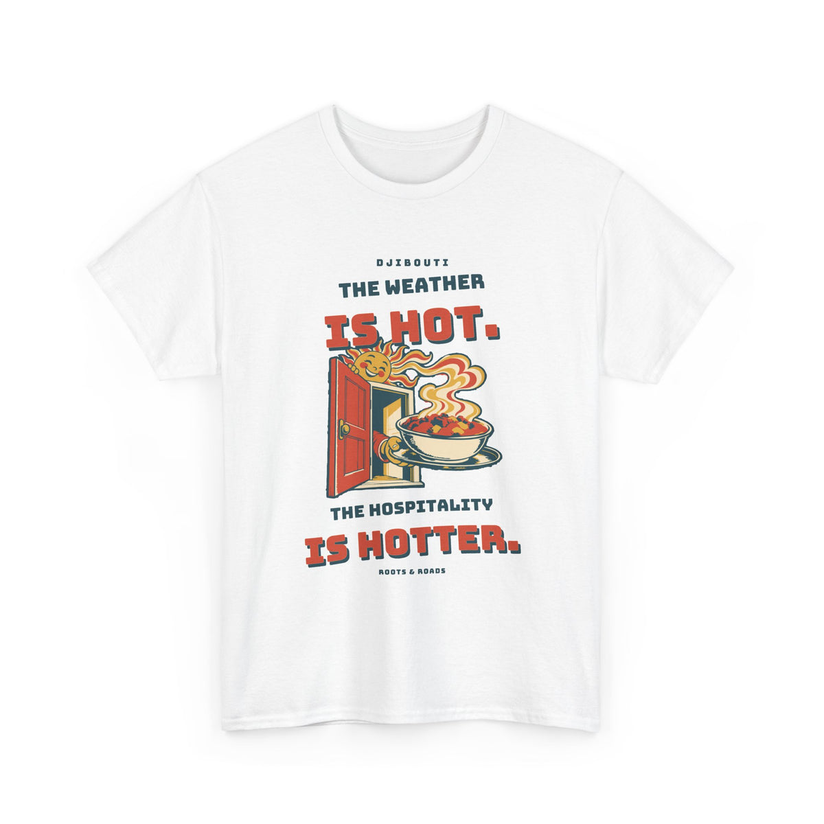 White Djibouti Warm Hospitality T-Shirt with vintage lettering, a smiling sun and a welcoming doorway illustration