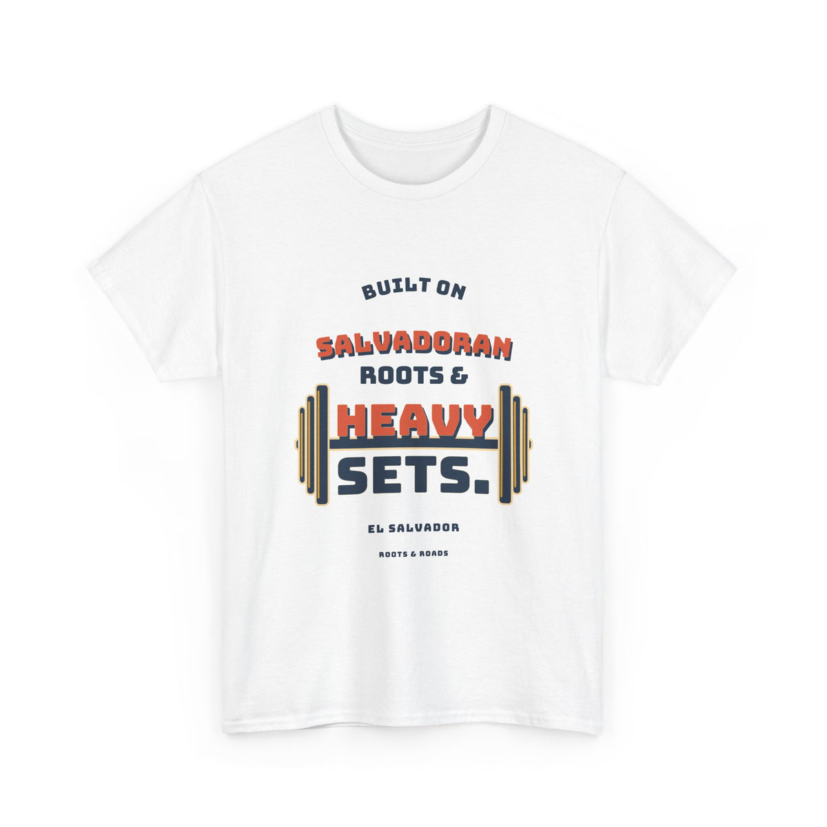 El Salvador Heavy Sets Gym T-Shirt in White, front vintage athletic lettering with integrated weight plates.