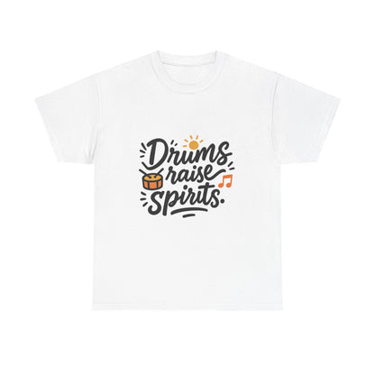 Front view of the Guinea Drums Raise Spirits T-Shirt