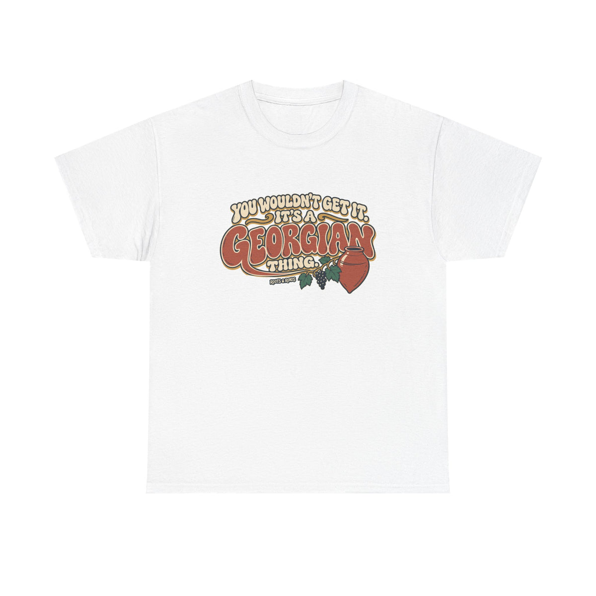White Georgia Georgian Thing T-shirt, flat front view, with oversized retro lettering, a qvevri vessel and grapevine.