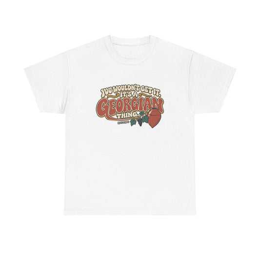 White Georgia Georgian Thing T-shirt, flat front view, with oversized retro lettering, a qvevri vessel and grapevine.
