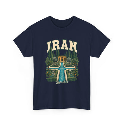 Front view of a Navy Gildan 5000 T-shirt with cream IRAN lettering, garden water channels, a fountain, cypresses and an ochre pavilion, and Roots & Roads script.