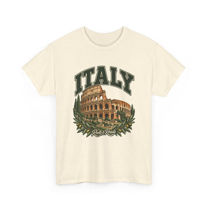 Front view of a Natural Gildan 5000 T-shirt with dark-green ITALY lettering, the Colosseum, stone ruins, cypresses and olive branches, and Roots & Roads script.