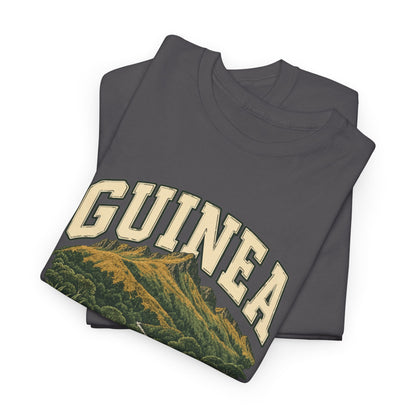 Folded Charcoal Guinea Fresh Prints T-shirt showing cream country lettering and the upper part of its country illustration.