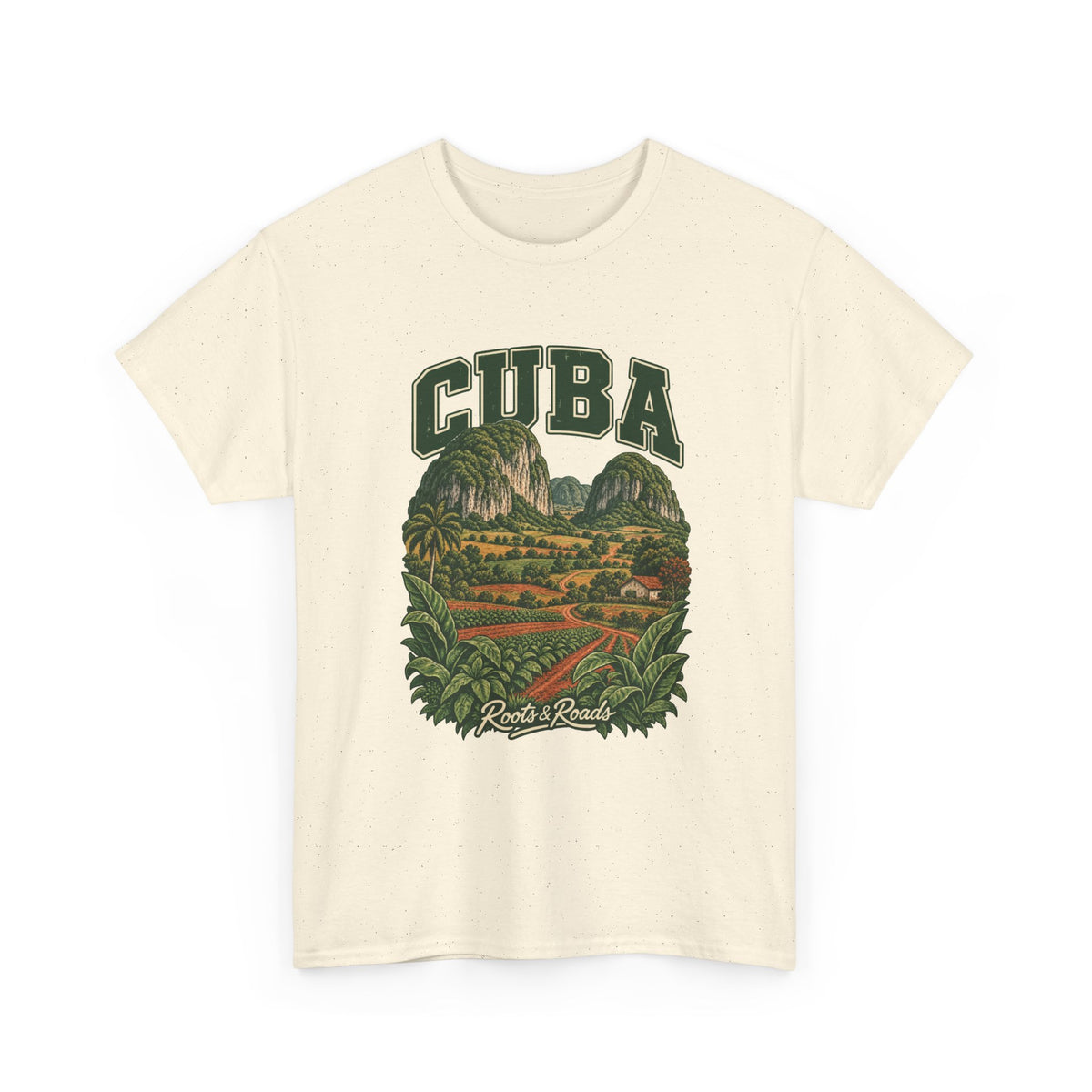 Front view of a Natural Gildan 5000 T-shirt with green CUBA lettering, rounded limestone hills, cultivated fields, a farmhouse, leaves and Roots & Roads script.