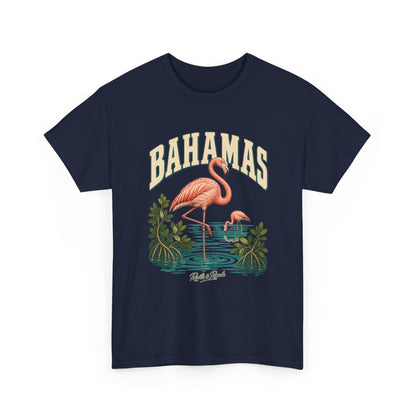 Front view of a Navy Gildan 5000 T-shirt with cream BAHAMAS lettering, coral-pink flamingos, turquoise lagoon ripples, mangrove leaves and Roots & Roads script.