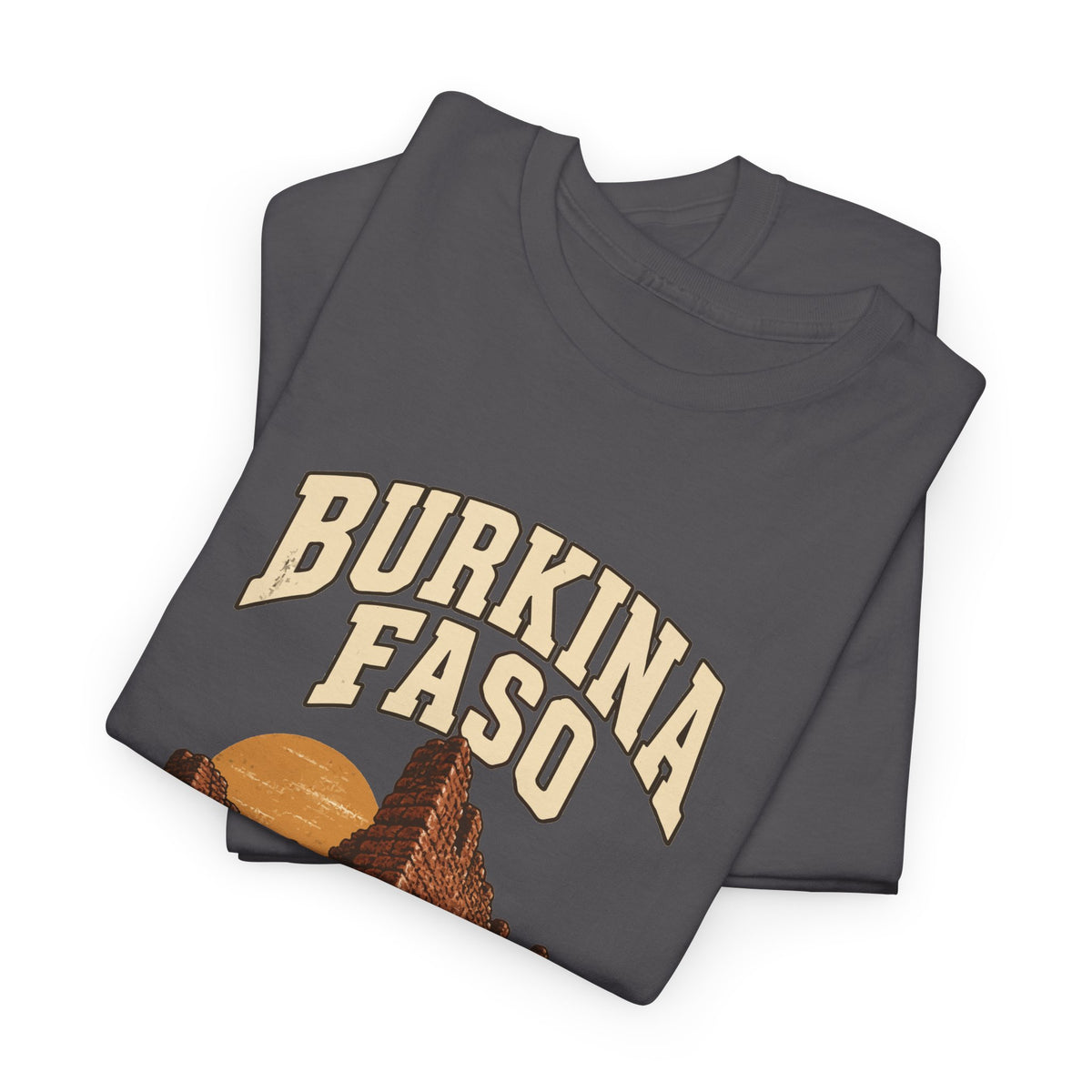 Folded Charcoal Burkina Faso Fresh Prints T-shirt showing two-line cream country lettering above an ochre sun and red-brown stone walls.
