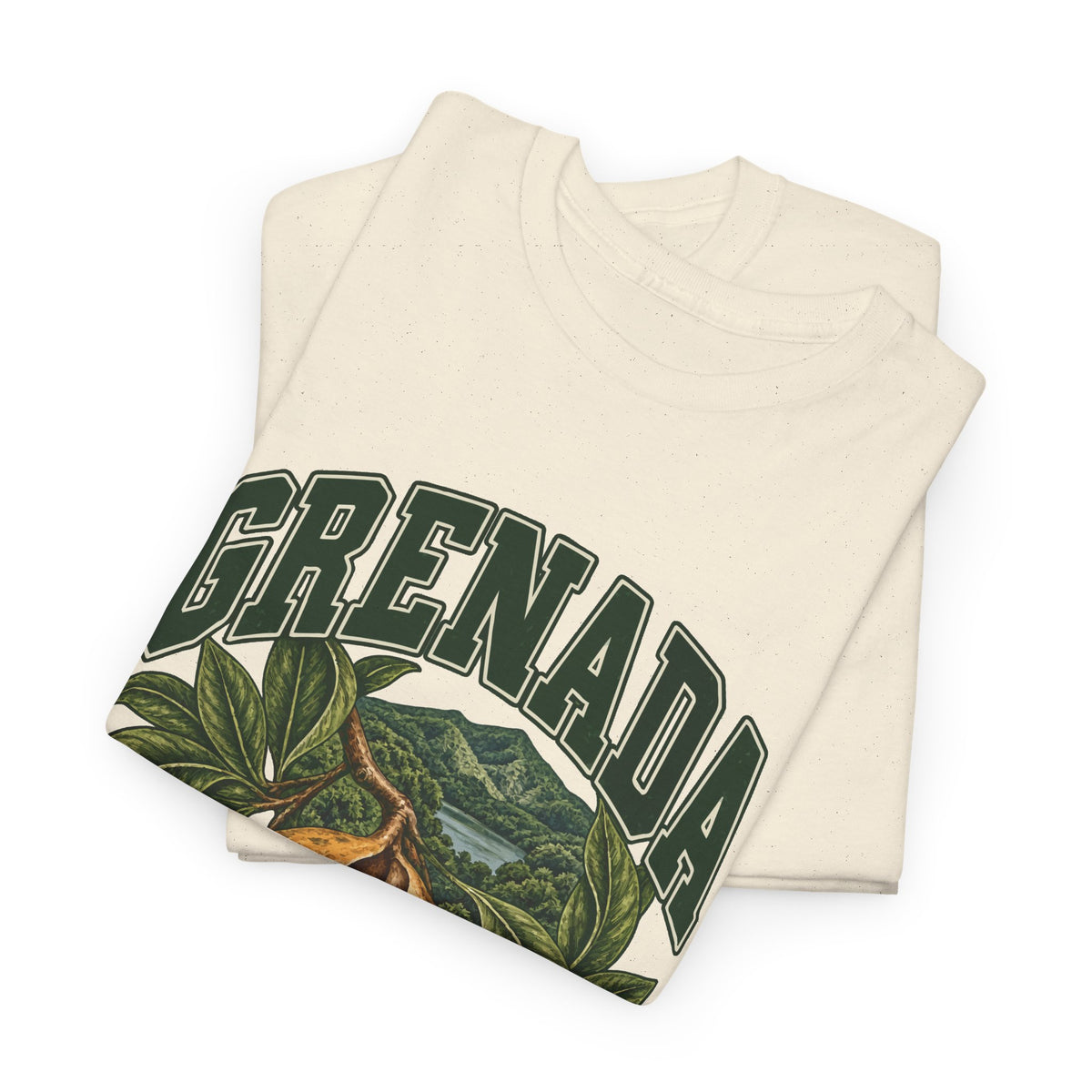 Folded Natural Grenada Fresh Prints T-shirt showing dark-green country lettering and part of the illustration.
