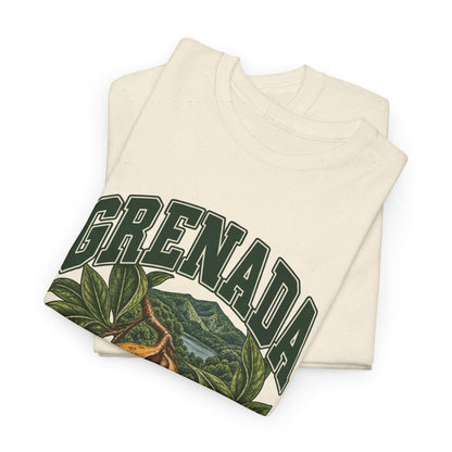 Folded Natural Grenada Fresh Prints T-shirt showing dark-green country lettering and part of the illustration.