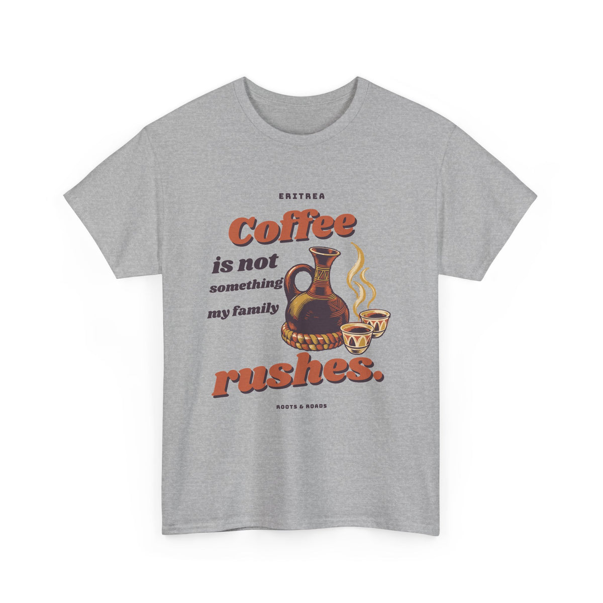 Eritrea Unhurried Coffee T-Shirt in Sport Grey with expressive vintage lettering, jebena and coffee cups, front view