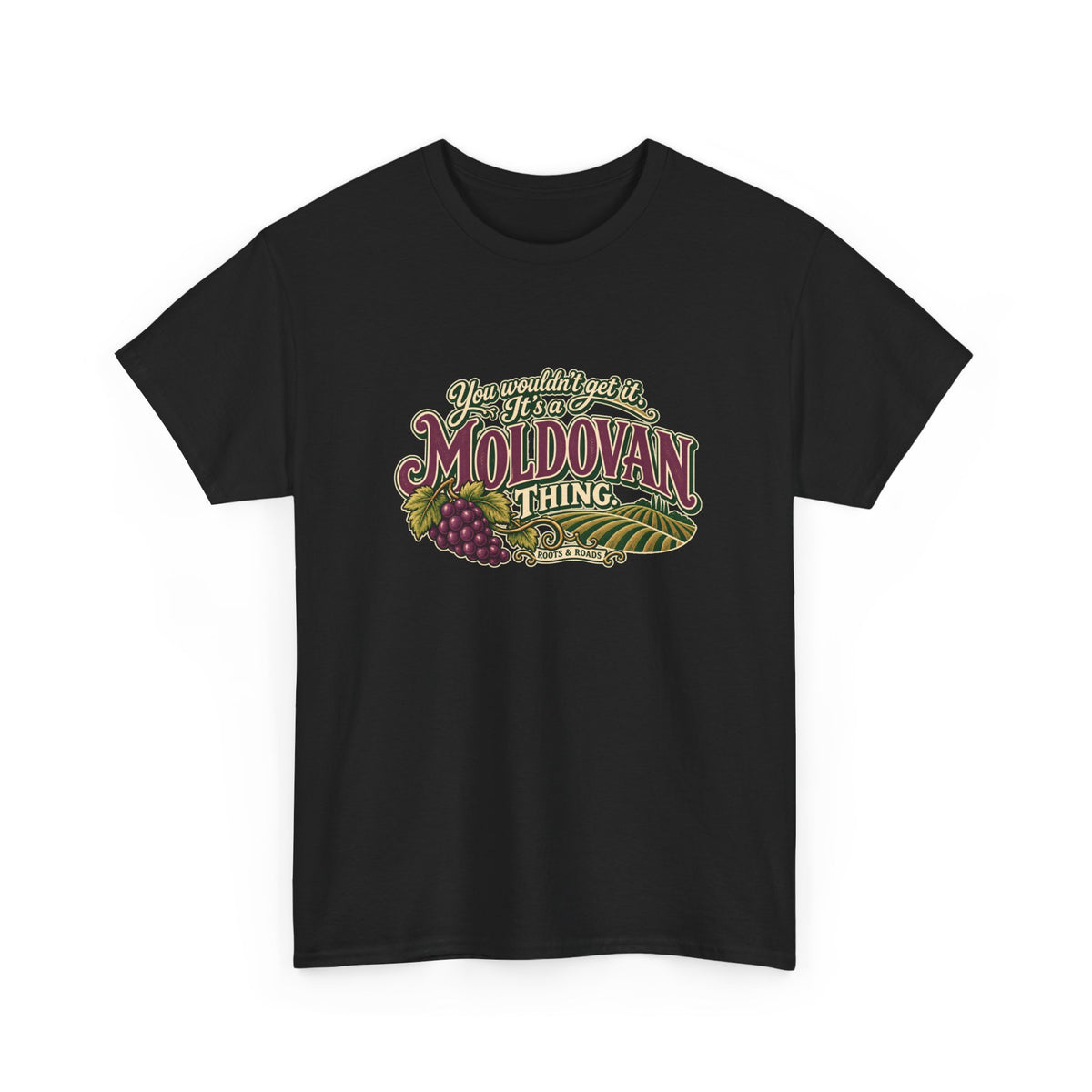 Moldova Moldovan Thing T-shirt in Black, shaped front view with burgundy Moldovan lettering, cream script, grapes and vineyard rows. Roots & Roads.