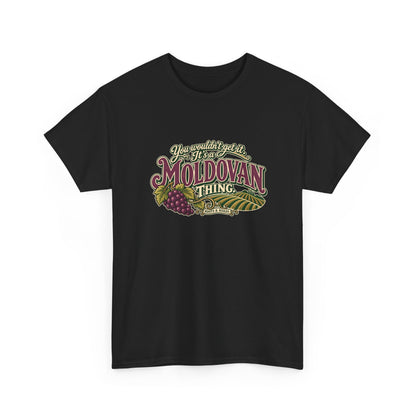 Moldova Moldovan Thing T-shirt in Black, shaped front view with burgundy Moldovan lettering, cream script, grapes and vineyard rows. Roots & Roads.
