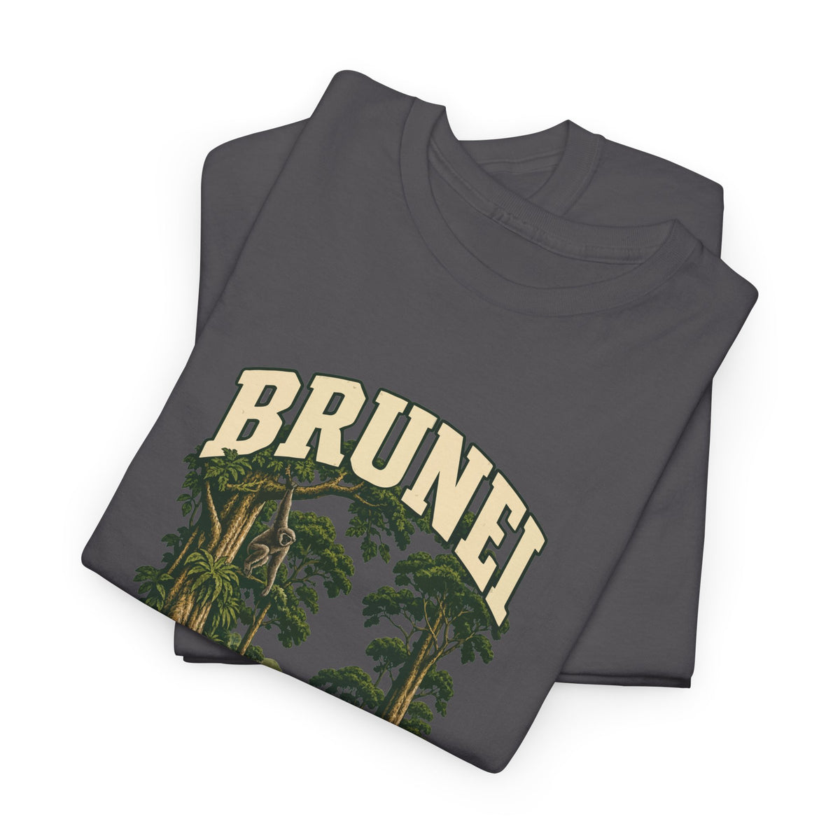 Folded Charcoal Brunei Fresh Prints T-shirt showing cream collegiate lettering, rainforest canopy and a gibbon in the branches.