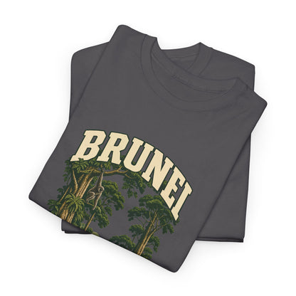 Folded Charcoal Brunei Fresh Prints T-shirt showing cream collegiate lettering, rainforest canopy and a gibbon in the branches.