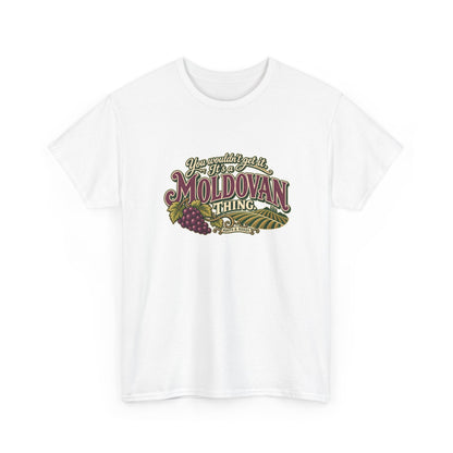 Moldova Moldovan Thing T-shirt in White, shaped front view with burgundy Moldovan lettering, cream script, grapes and vineyard rows. Roots & Roads.