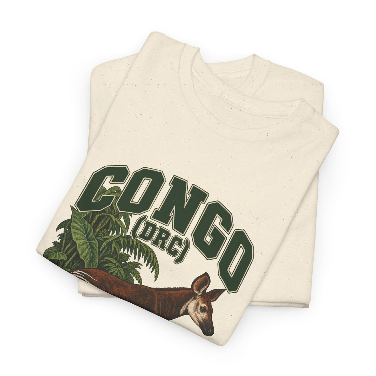 Folded Natural Congo (DRC) Fresh Prints T-shirt showing green CONGO (DRC) lettering, rainforest leaves and an okapi.